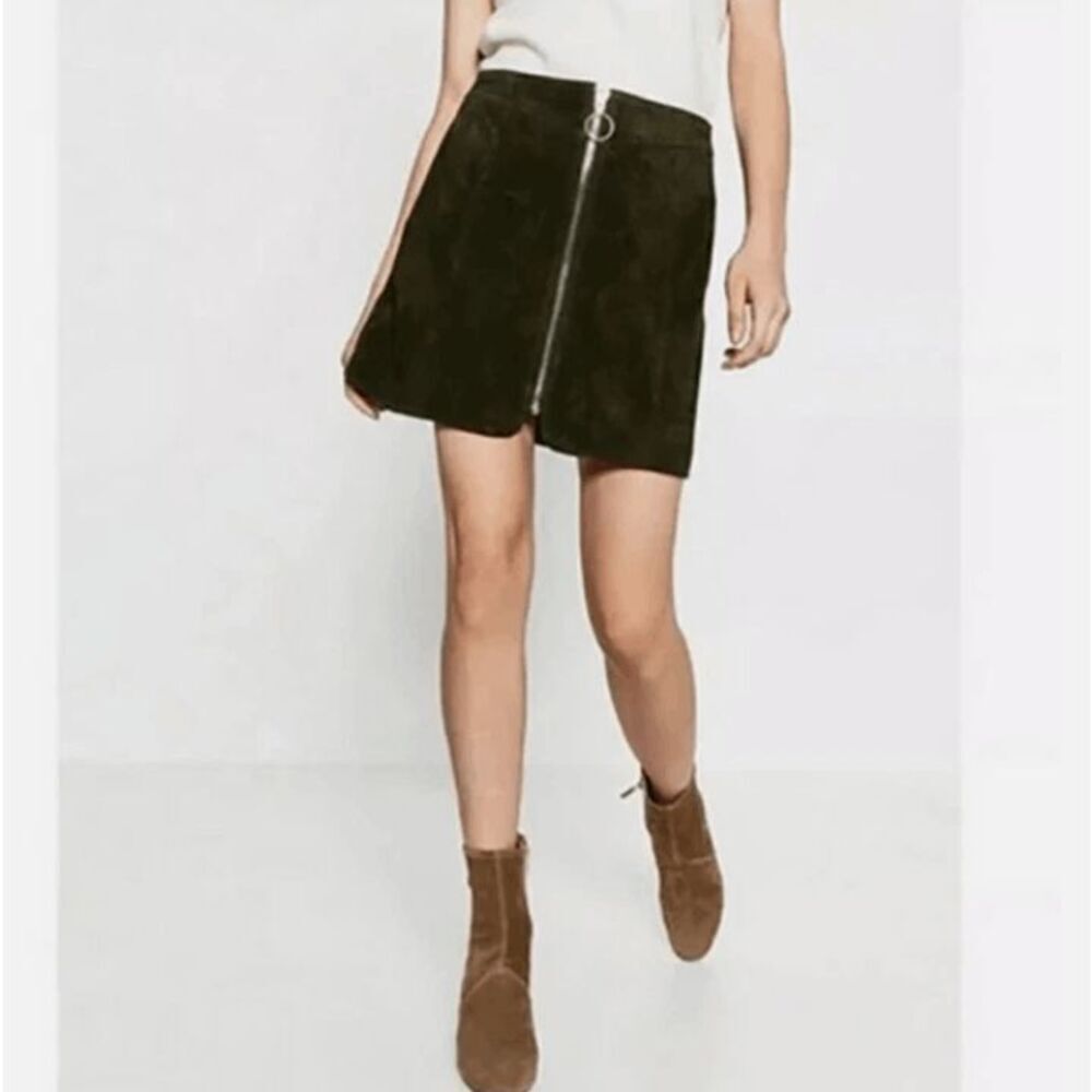 ZARA Suede Mini Skirt Front Silver Zipper Ring Lined Olive Green Small